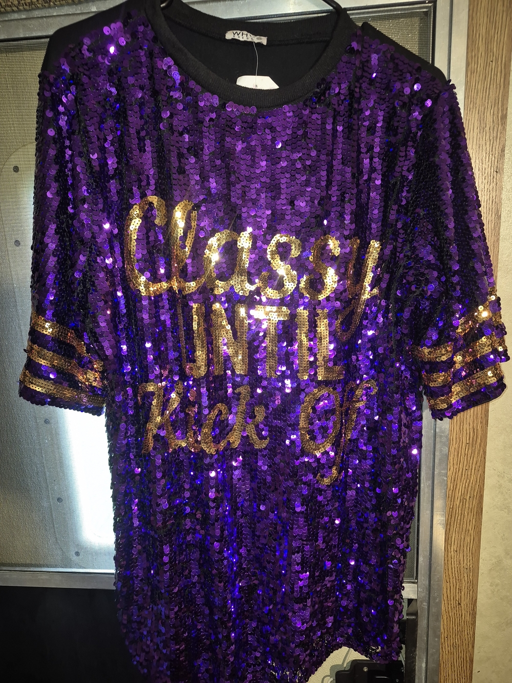 Purple Sequin Mini Dress with Gold Lettering